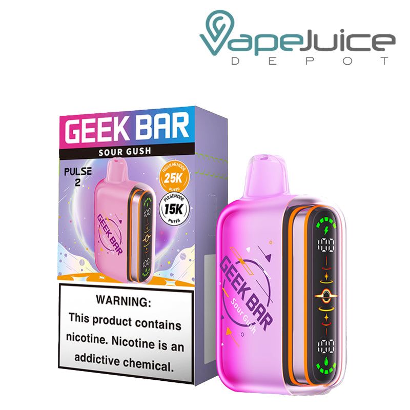 A Box of Sour Gush Geek Bar Pulse 2 25K Disposable with a warning sign and a device next to it - Vape Juice Depot