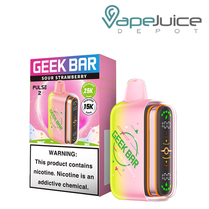 A Box of Sour Strawberry Geek Bar Pulse 2 25K Disposable with a warning sign and a device next to it - Vape Juice Depot