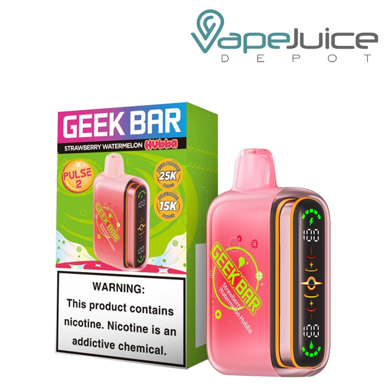 A Box of Strawberry Watermelon Geek Bar Pulse 2 25K Disposable Hubba Edition with a warning sign and a device next to it - Vape Juice Depot