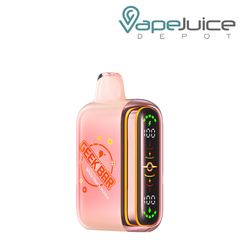 A White Peach Hubba Geek Bar Pulse 2 25K Disposable with a display screen - Vape Juice Depot