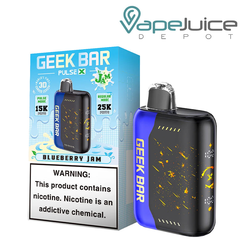 A Box of Blueberry Jam Geek Bar Pulse X 25000 Disposable with a warning sign and a disposable next to it - Vape Juice Depot