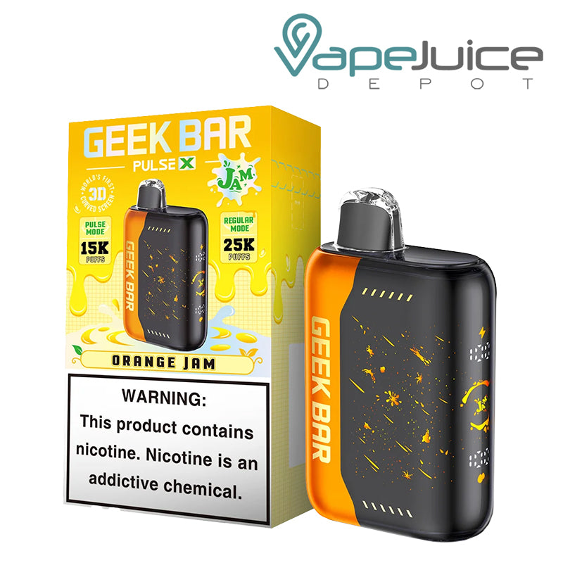 Orange Jam Geek Bar Pulse X 25000 Disposable and a box with a warning sign next to it - Vape Juice Depot