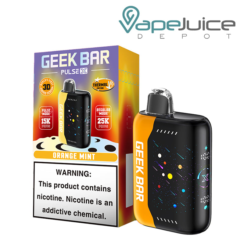 A Box of Orange Mint Geek Bar Pulse X 25000 Disposable with a warning sign and a disposable next to it - Vape Juice Depot