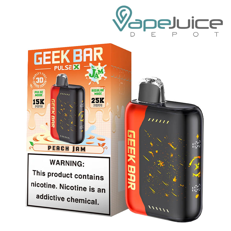 A Box of Peach Jam Geek Bar Pulse X 25000 Disposable with a warning sign and a disposable next to it - Vape Juice Depot