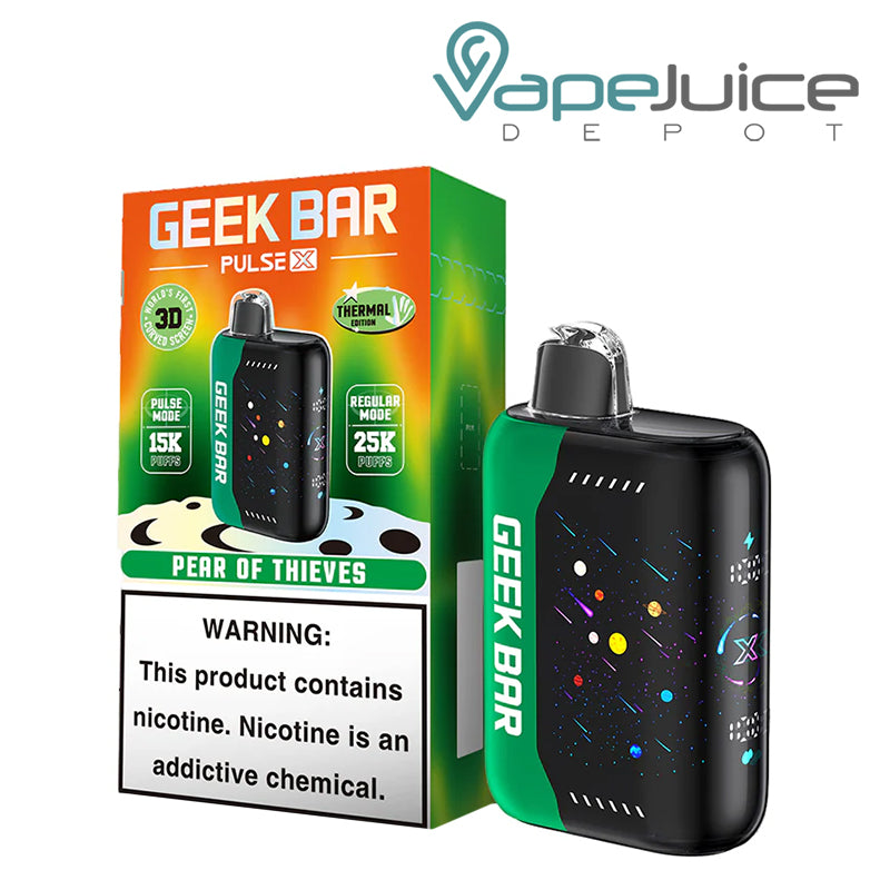A Box of Pear of Thieves Geek Bar Pulse X 25000 Disposable with a warning sign and a disposable next to it - Vape Juice Depot
