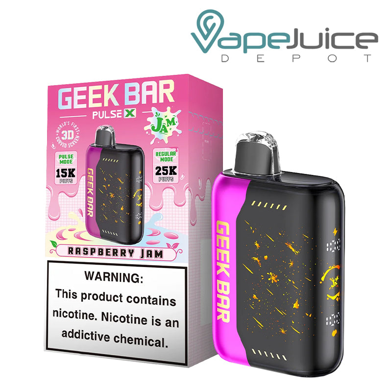 A Box of Raspberry Jam Geek Bar Pulse X 25000 Disposable with a warning sign and a disposable next to it - Vape Juice Depot