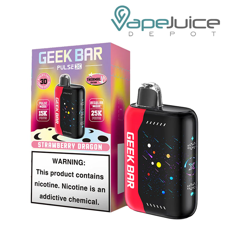 A Box of Strawberry Dragon Geek Bar Pulse X 25000 Disposable with a warning sign and a disposable next to it - Vape Juice Depot
