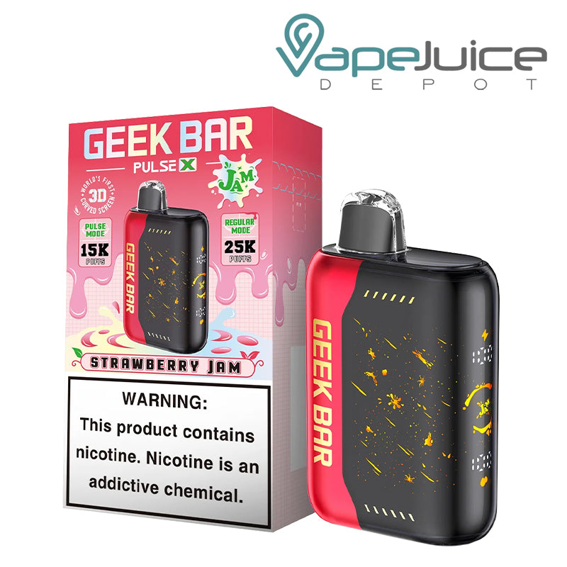 A Box of Strawberry Jam Geek Bar Pulse X 25000 Disposable with a warning sign and a disposable next to it - Vape Juice Depot