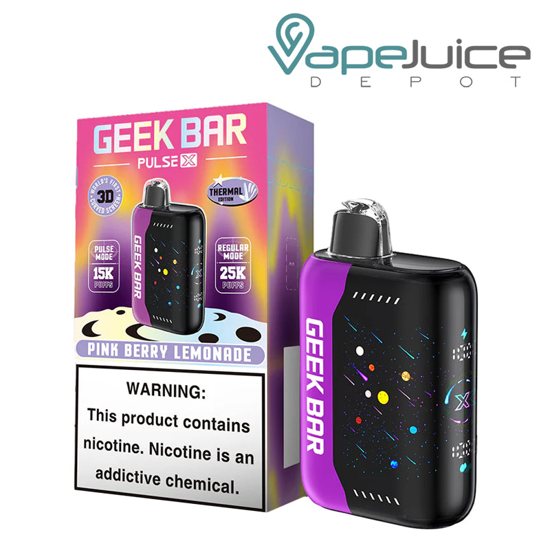 A Box of Pink Berry Lemonade Geek Bar Pulse X 25000 Disposable with a warning sign and a disposable next to it - Vape Juice Depot