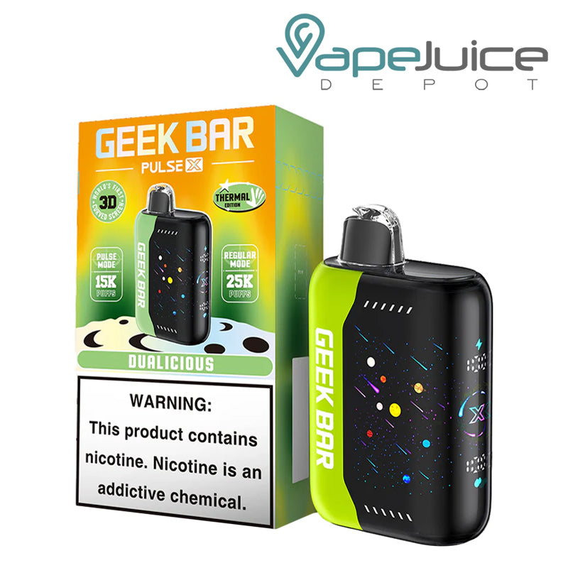 A Box of Dualicious Geek Bar Pulse X 25000 Disposable with a warning sign and a disposable next to it - Vape Juice Depot