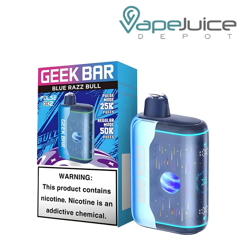 A Box of Blue Razz Bull Geek Bar Pulse X2 50K Disposable with a warning sign and a device next to it - Vape Juice Depot