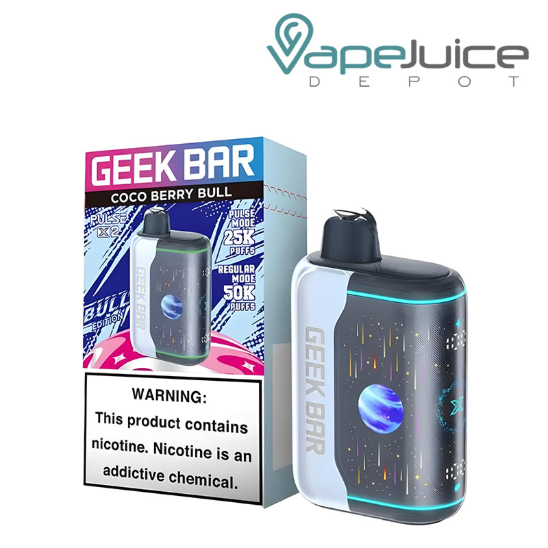 A Box of Coco Berry Bull Geek Bar Pulse X2 50K Disposable with a warning sign and a device next to it - Vape Juice Depot