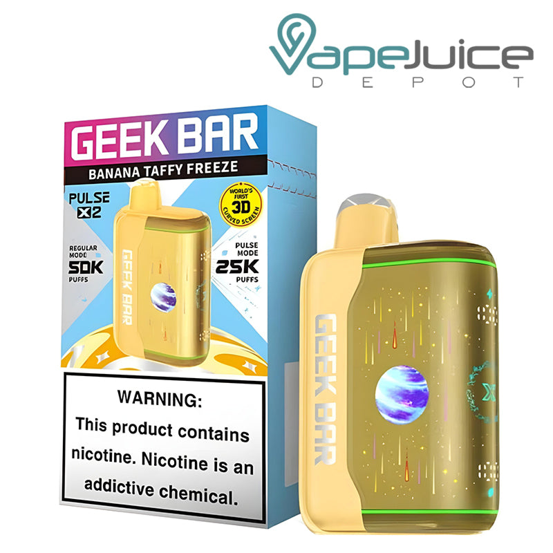 A Box of Banana Taffy Freeze Geek Bar Pulse X2 50K Disposable with a warning sign and a device next to it - Vape Juice Depot
