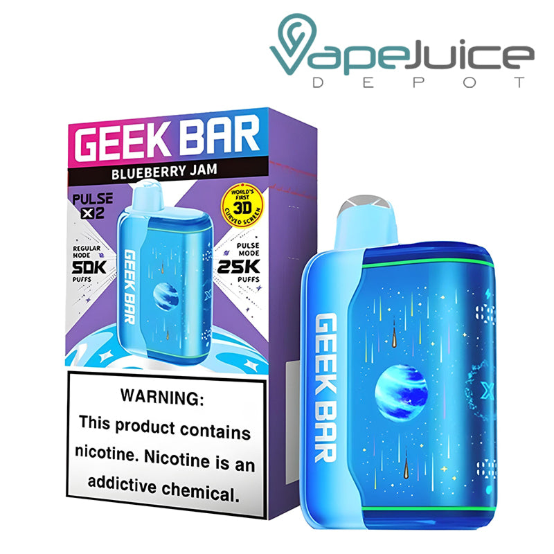 A Box of Blueberry Jam Geek Bar Pulse X2 50K Disposable with a warning sign and a device next to it - Vape Juice Depot