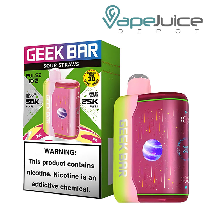 A Box of Sour Straws Geek Bar Pulse X2 50K Disposable with a warning sign and a device next to it - Vape Juice Depot
