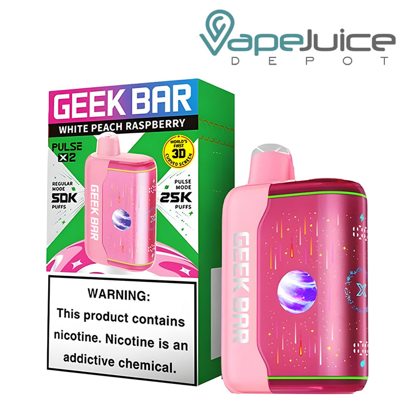 A Box of White Peach Raspberry Geek Bar Pulse X2 50K Disposable with a warning sign and a device next to it - Vape Juice Depot