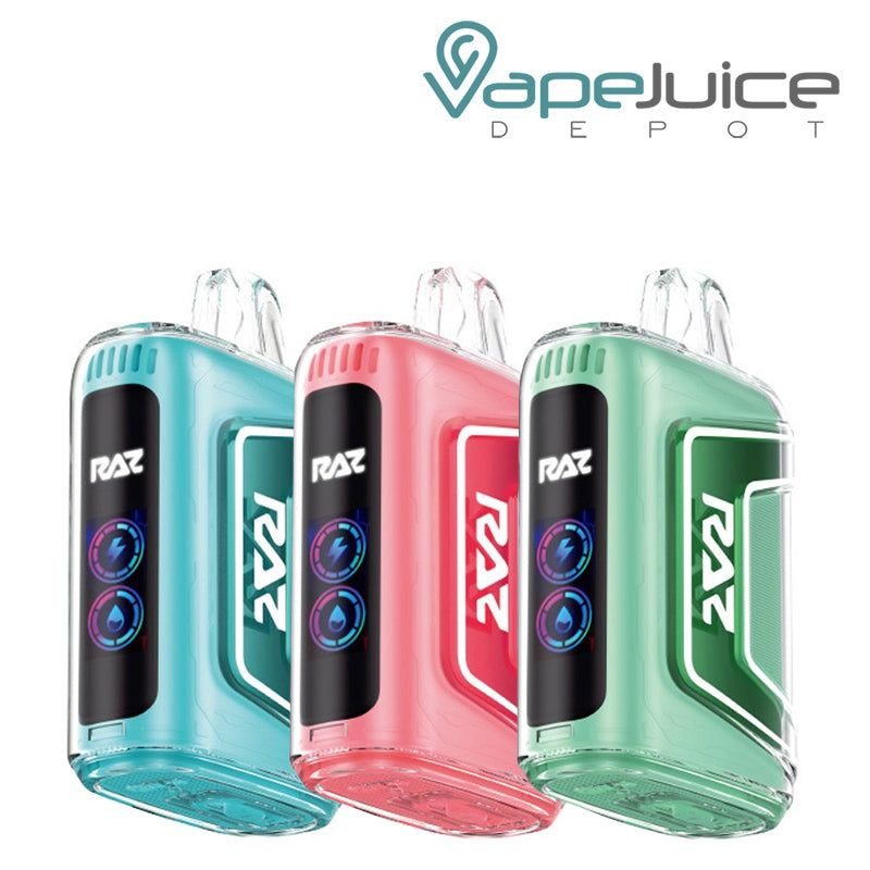 Three Colors of Geek Vape RAZ TN9000 Disposable and a 0.96″ HD Display Screen with eLiquid/ Battery Indicators- Vape Juice Depot