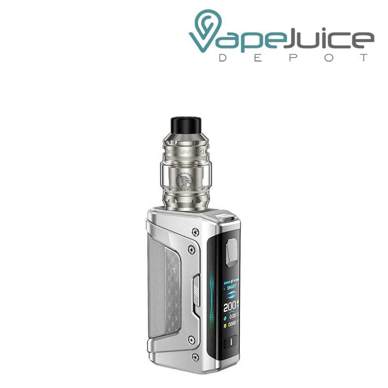 Frost Silver GeekVape Aegis Legend 5 Kit with a display screen and a button - Vape Juice Depot