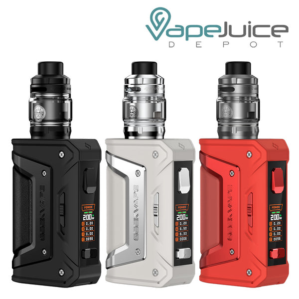 Three colors of GeekVape Aegis Legend Classic Kit (L200) with colored screen and buttons - Vape Juice Depot