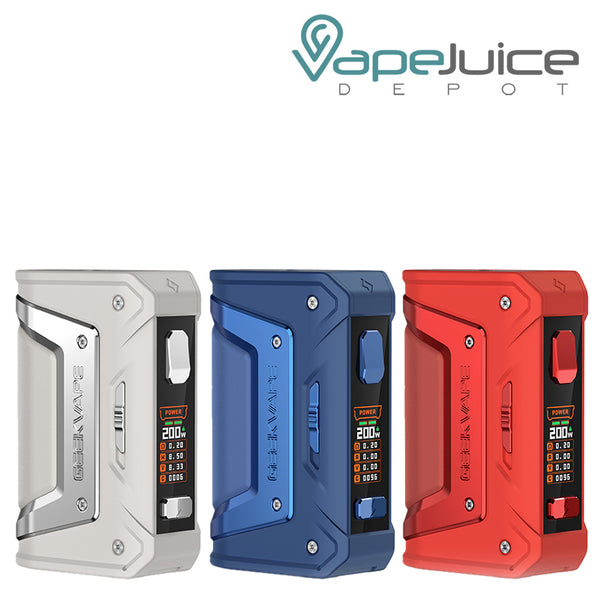 Three colors of GeekVape Aegis Legend Classic Mod (L200) with a firing button and colored screen - Vape Juice Depot