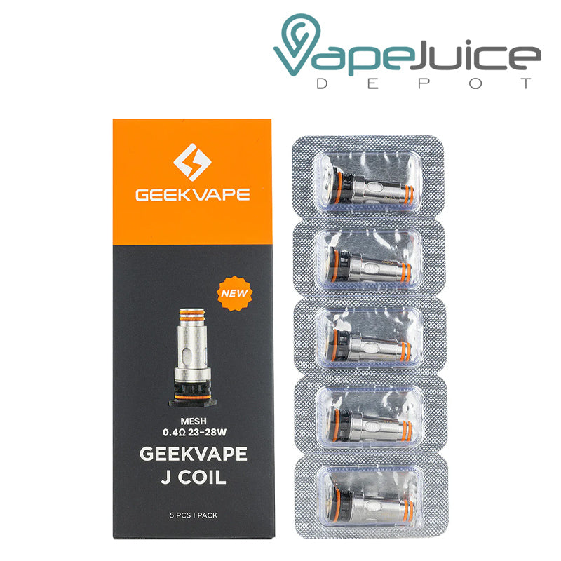 A Box of GeekVape J Series Coils 0.4 ohm next to 5pack of coils- Vape Juice Depot