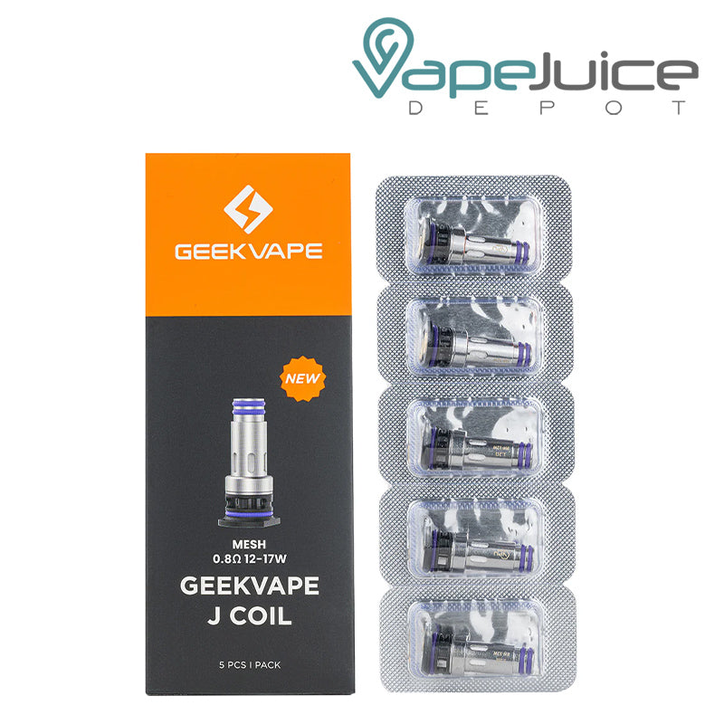 A Box of GeekVape J Series Coils 0.8 ohm next to 5pack of coils- Vape Juice Depot