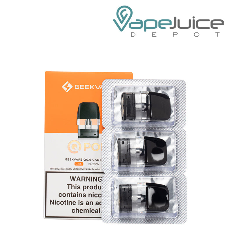 A box of GeekVape Q Replacement Pod 0.6ohm with a warning sign and a 3-pack next to it - Vape Juice Depot