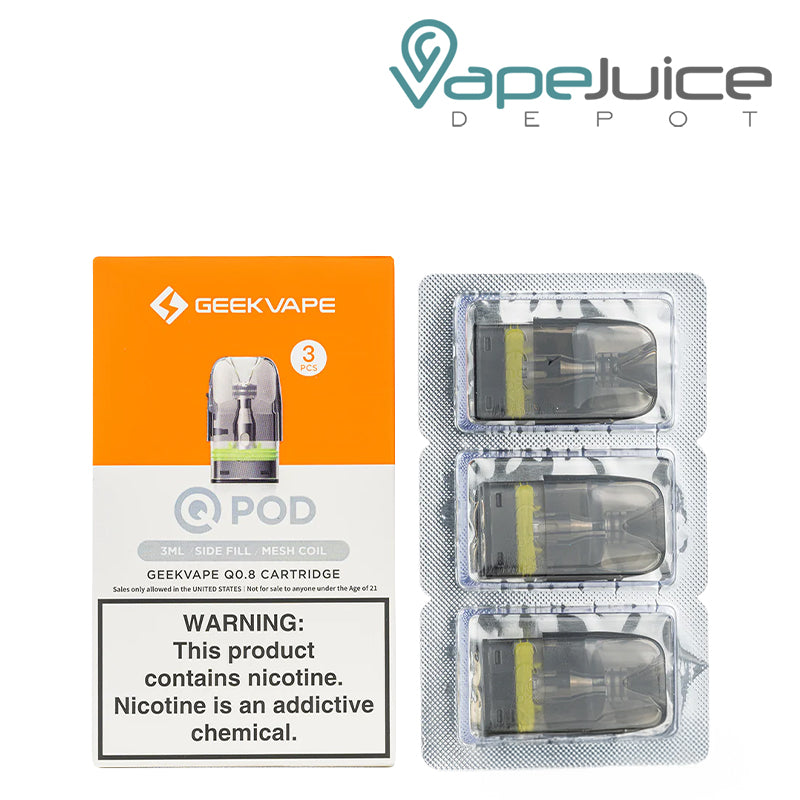 A Box of 3ml 0.8ohm GeekVape Q Replacement Pods with a warning sign and a pack of pods next to it - Vape Juice Depot