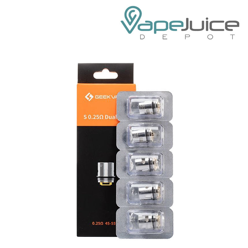 Box of GeekVape S Series Coils and a pack of five 0.25 ohm coils next to it - Vape Juice Depot
