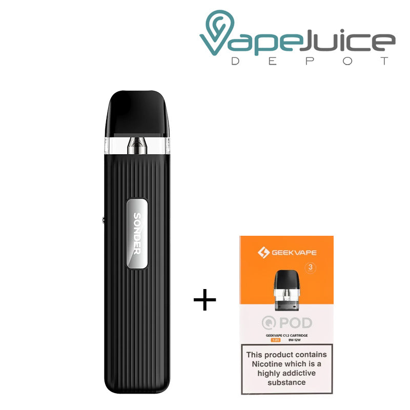 Black GeekVape Sonder Q Pod System Kit and a box of GeekVape pod with a warning sign next to it - Vape Juice Depot