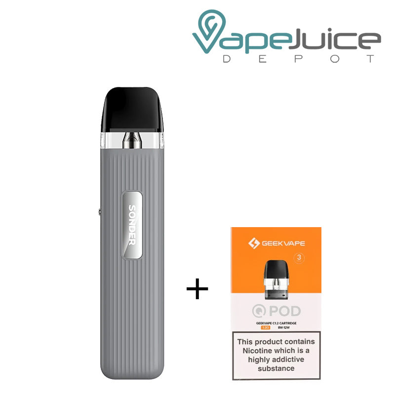 Gray GeekVape Sonder Q Pod System Kit and a box of GeekVape pod with a warning sign next to it - Vape Juice Depot