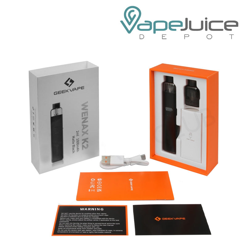 The box of GeekVape Wenax K2 Pod System and kit, USB cable and warranty next to it - Vape Juice Depot