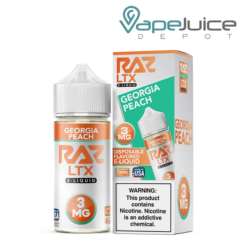A box of Georgia Peach Pod Juice x Raz LTX eLiquid with a warning sign and a 100ml bottle next to it - Vape Juice Depot