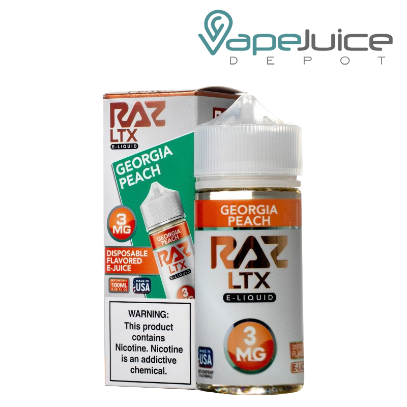 A box of Georgia Peach Pod Juice x Raz LTX eLiquid with a warning sign and a 100ml bottle next to it - Vape Juice Depot
