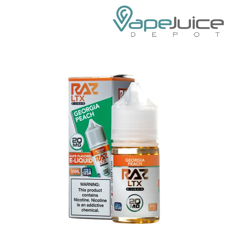 A box of Georgia Peach Pod Juice x Raz LTX salt with a warning sign and a 30ml bottle next to it - Vape Juice Depot