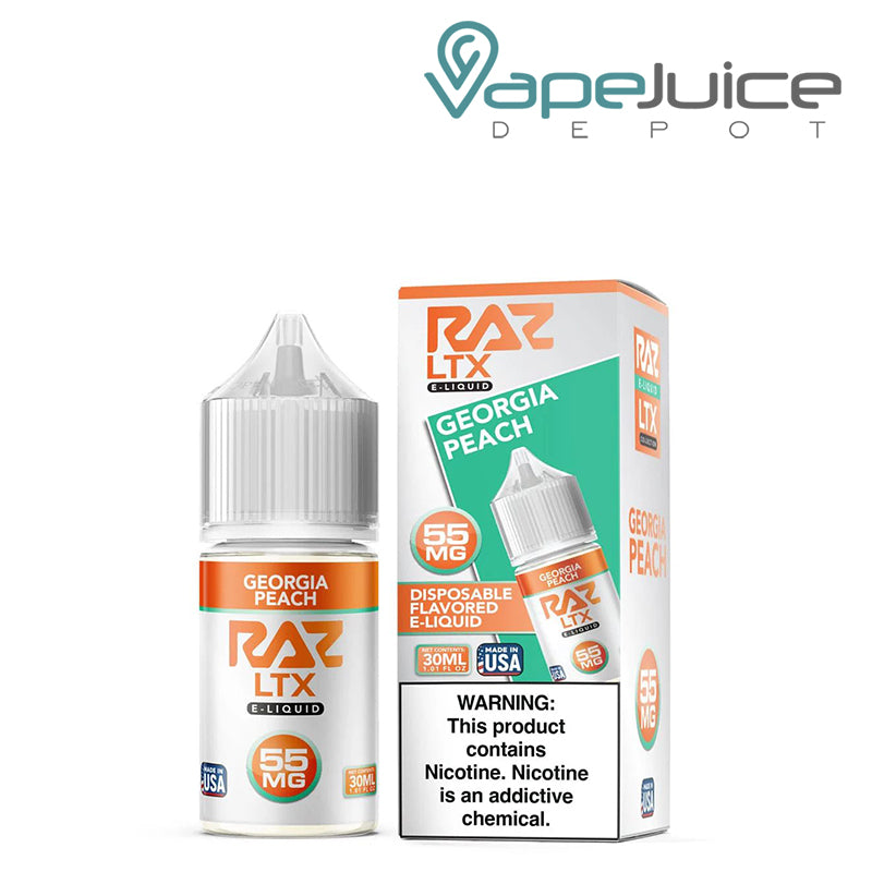 A box of Georgia Peah Pod Juice x Raz LTX salt with a warning sign and a 30ml bottle next to it - Vape Juice Depot