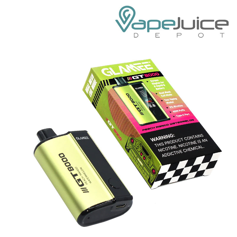 Glamee GT8000 Disposable and a box with a warning sign next to it - Vape Juice Depot