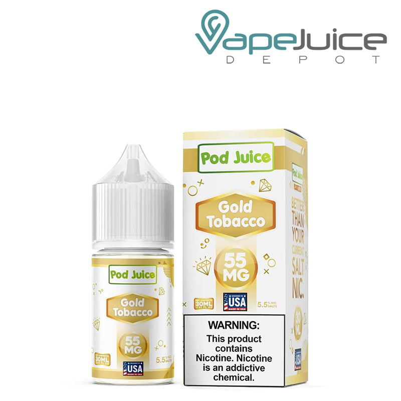 A box of Gold Tobacco Pod Juice salt with a warning sign and a 30ml bottle next to it - Vape Juice Depot