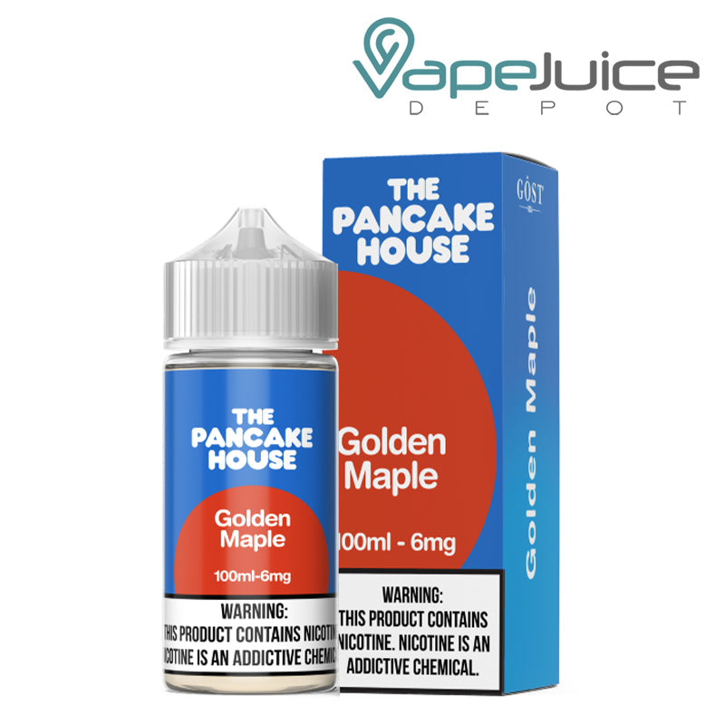 A 100ml bottle of Golden Maple The Pancake House and a box with a warning sign next to it - Vape Juice Depot