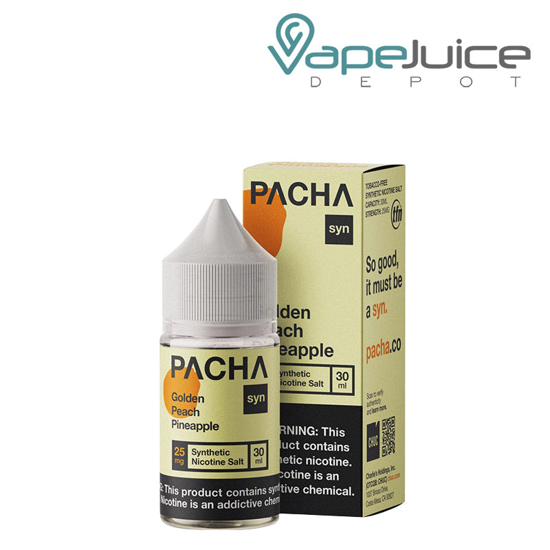 A 30ml bottle of Golden Peach Pineapple PachaMama Salts with a warning sign and a box next to it - Vape Juice Depot