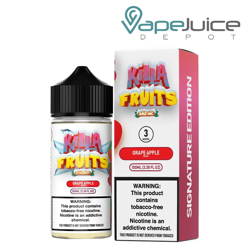 A 100ml bottle of Grape Apple On Ice Killa Fruits Signature TFN Series and a box with a warning sign next to it - Vape Juice Depot