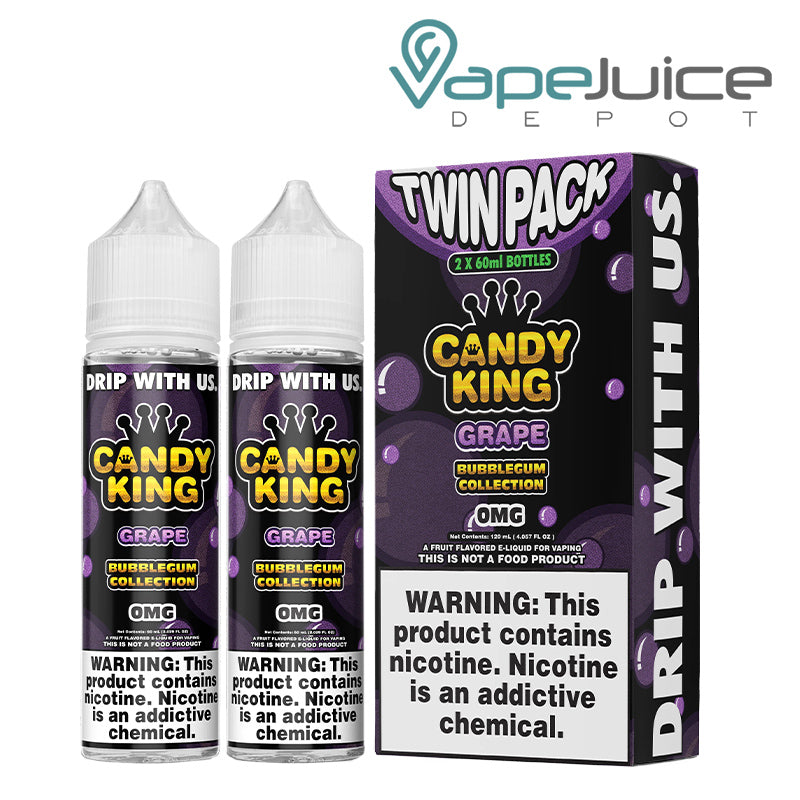 Two 60ml bottles of Grape Candy King Bubblegum and a box with a warning sign next to it - Vape Juice Depot
