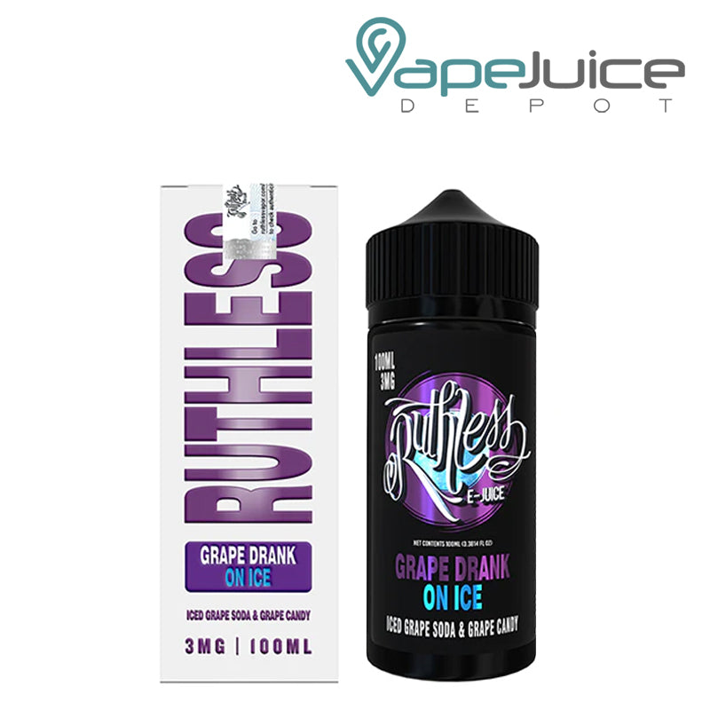 A box of Grape Drank On Ice Ruthless Vapor and 100ml bottle next to it - Vape Juice Depot