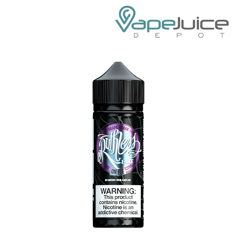 A 120ml bottle of Grape Drank On Ice Ruthless Vapor with a warning sign - Vape Juice Depot