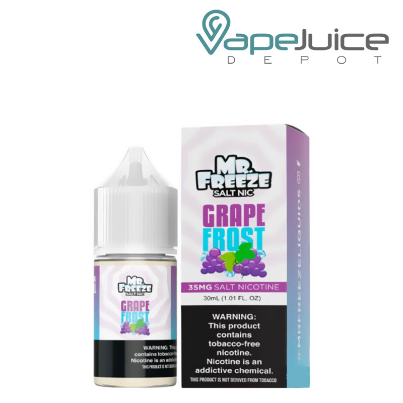 A 30ml bottle of Grape Frost Mr Freeze Salts and a box with a warning sign net to it - Vape Juice Depot