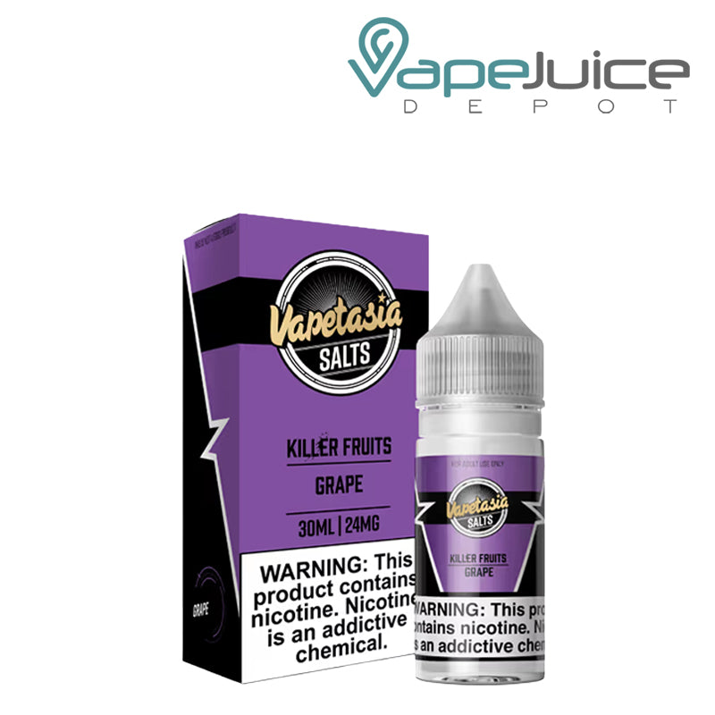 A Box of Grape Vapetasia Salts with a warning sign and a 30ml bottle next to it - Vape Juice Depot