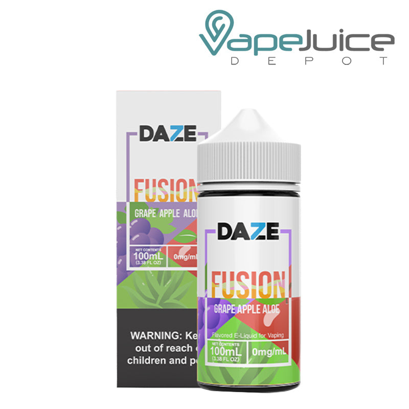 A box of Grape Apple Aloe 7 Daze Fusion with a warning sign and a 100ml bottle next to it - Vape Juice Depot