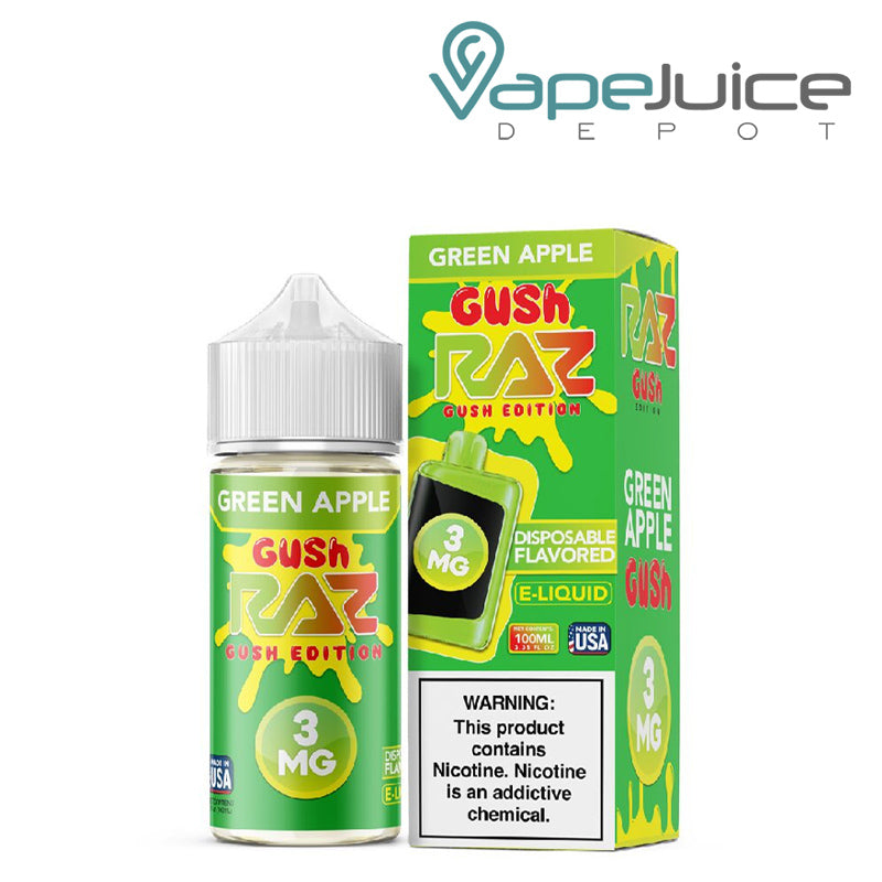 A 100ml bottle of Green Apple Gush Pod Juice x Raz and a box with a warning sign next to it - Vape Juice Depot