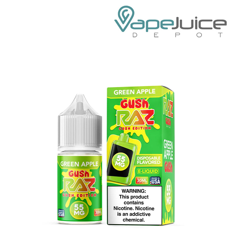 A 30ml bottle of Green Apple Gush Pod Juice x Raz Salt and a box with a warning sign next to it - Vape Juice Depot