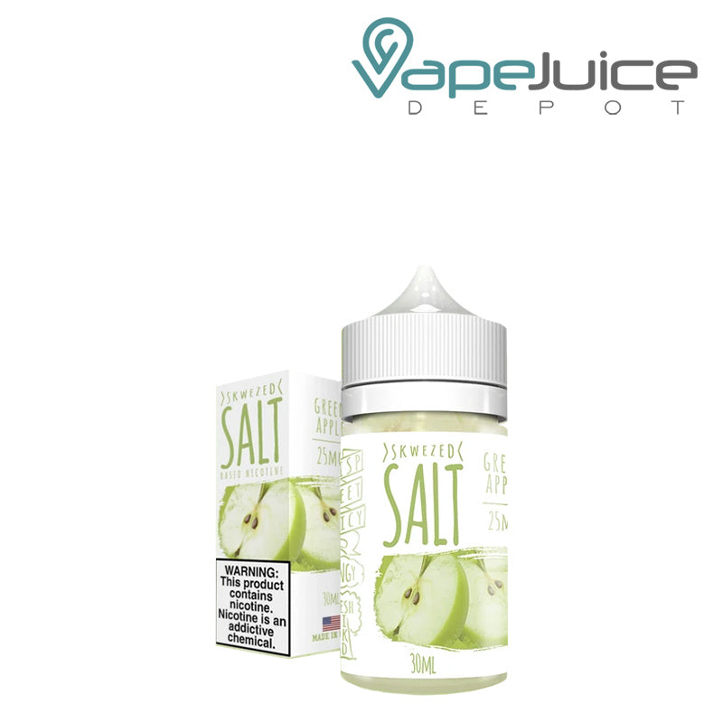A box of Green Apple Skwezed Salt with a warning sign and a 30ml bottle next to it - Vape Juice Depot